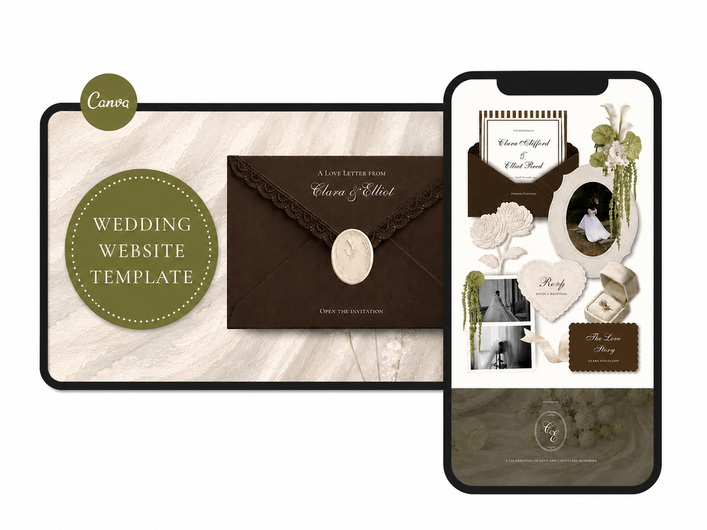 Wedding Website Template Canva Brown and Ivory Invitation with RSVP