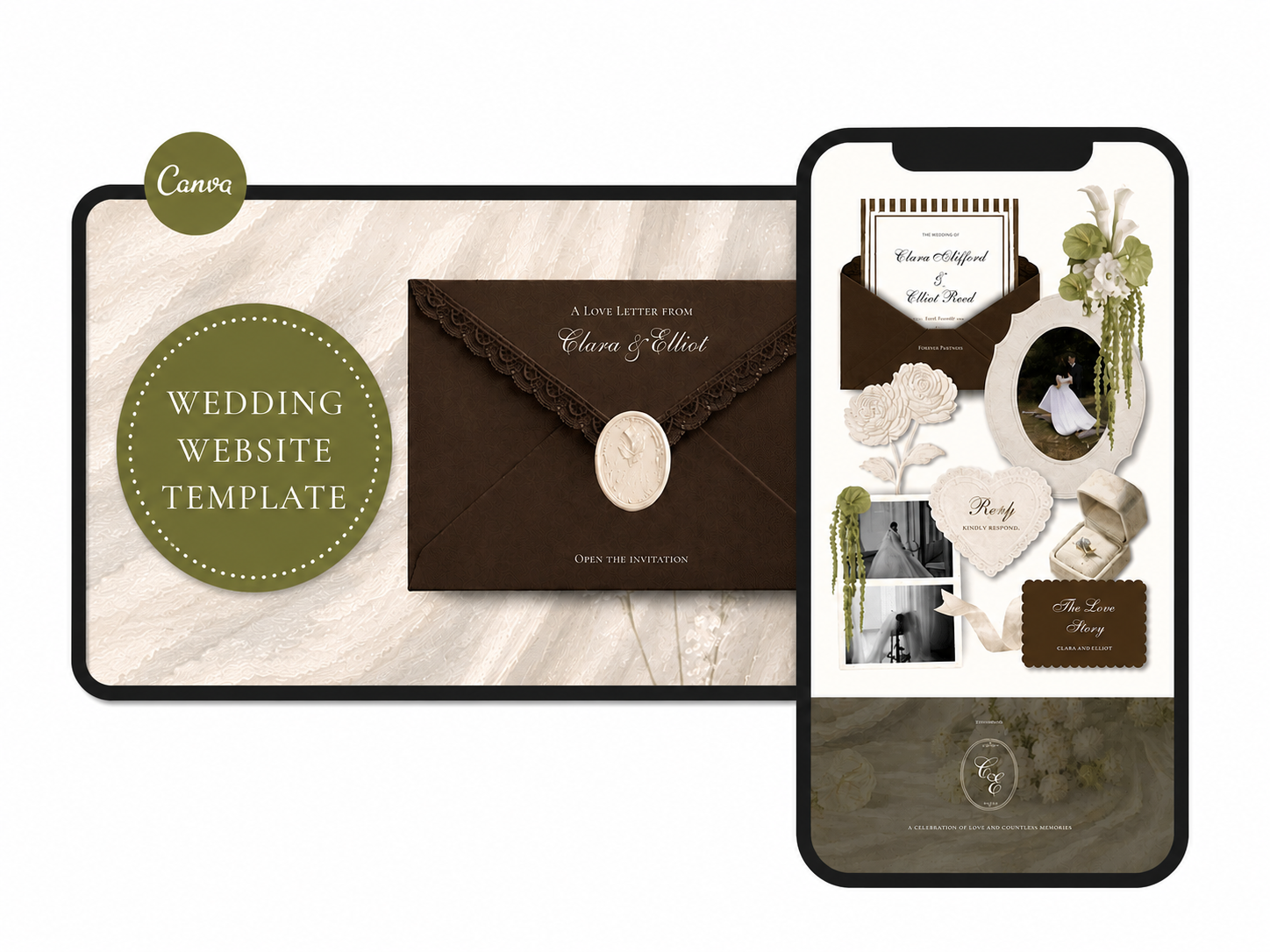 Wedding Website Template Canva Brown and Ivory Invitation with RSVP