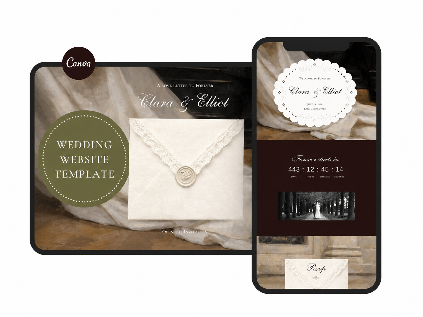 Wedding Website Template Canva Green & Burgundy Invitation with RSVP