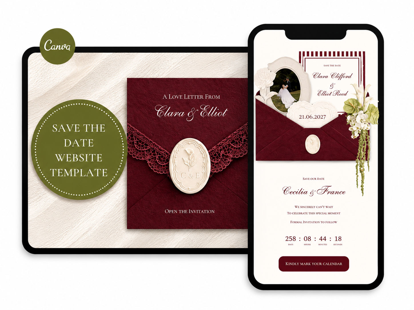 Burgundy Save the Date Website Template Wedding Invitation with RSVP