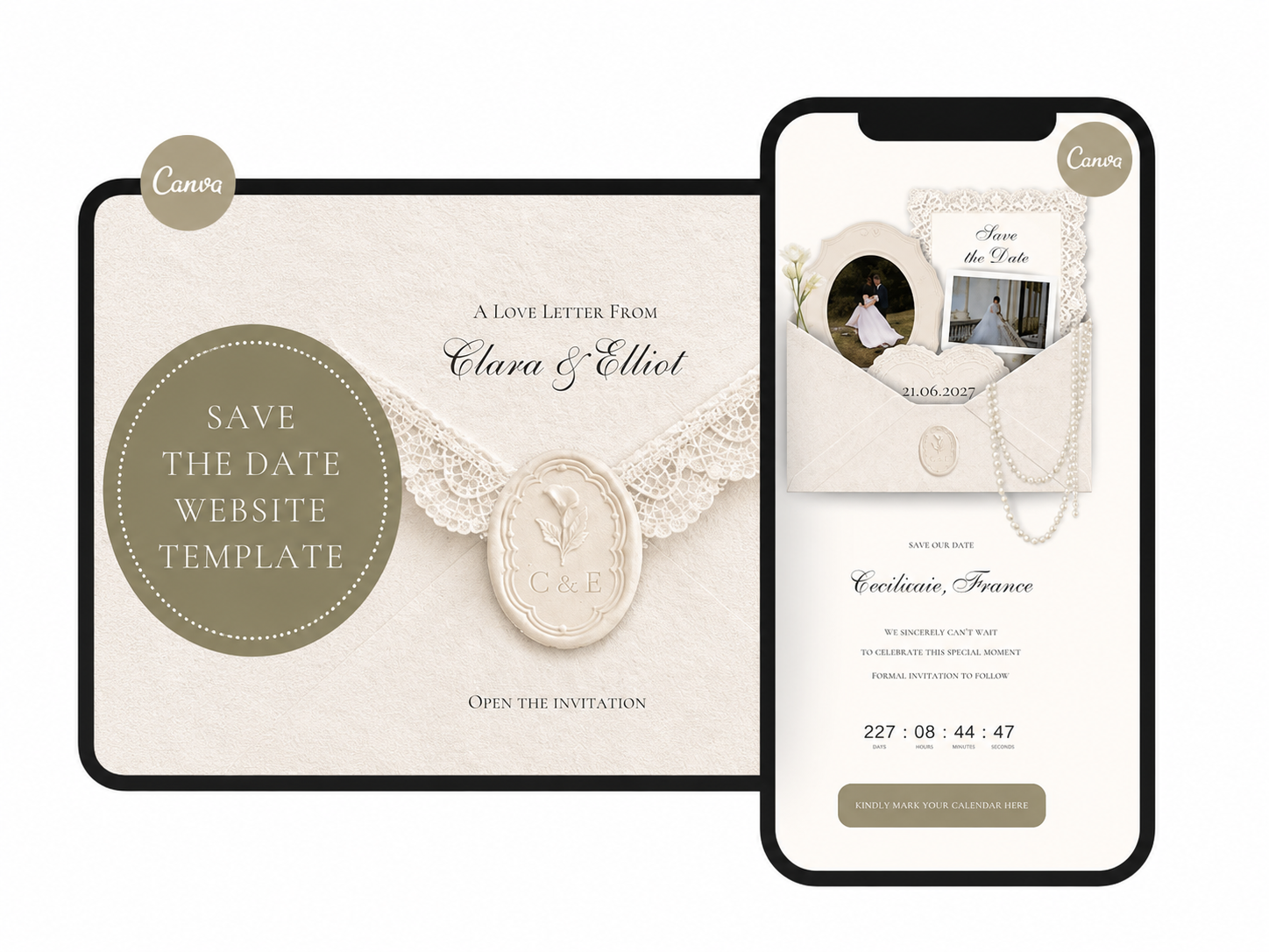 Pearl & Ivory Save the Date Website Template Wedding Invitation with RSVP