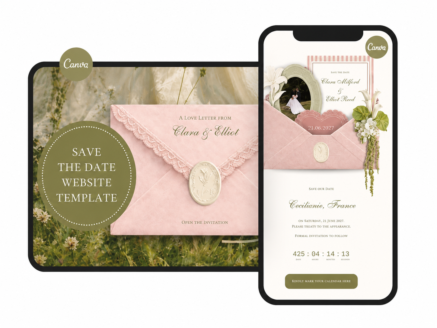 Save the Date Website Template  Blush & Sage Invitation with RSVP