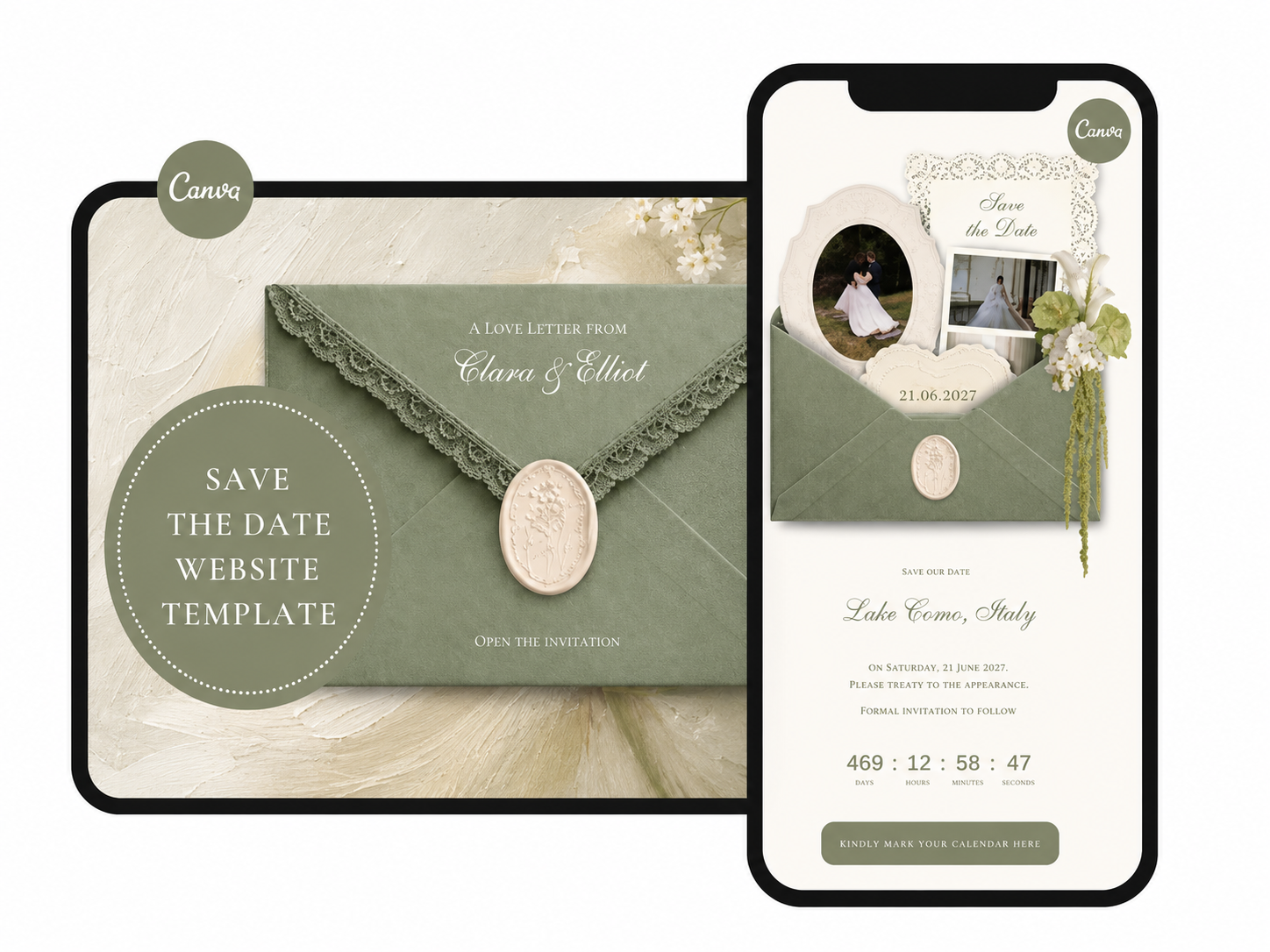 Save the Date Website Template  Sage & Lace Invitation with RSVP