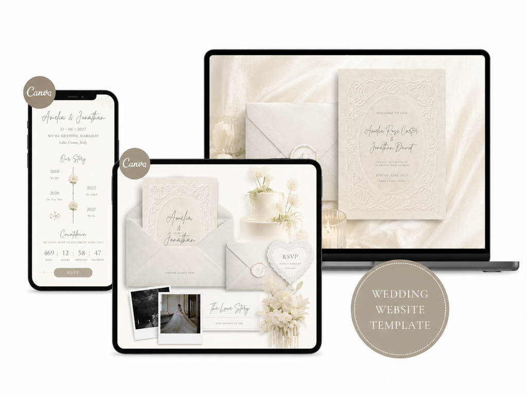 Wedding Website Template Canva Elegant Ivory Invitation with RSVP Editable Online
