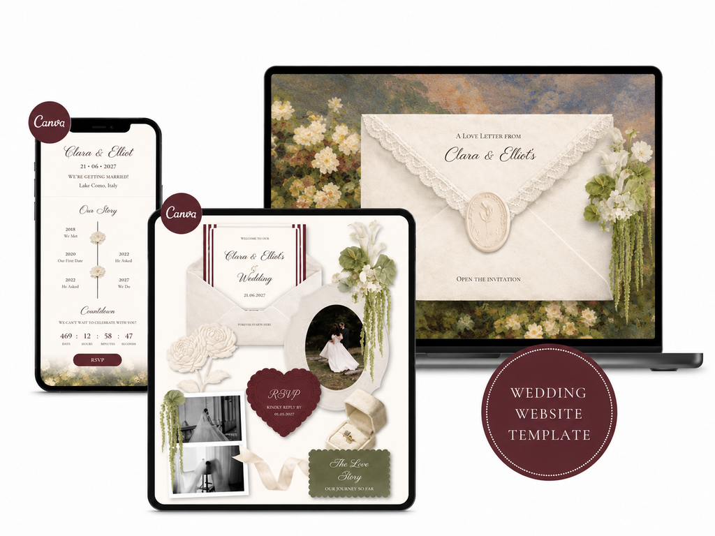 Wedding Website Template Canva Green & Burgundy Invitation with RSVP