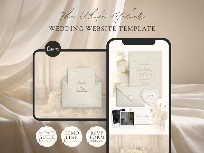 Wedding Website Template Canva Elegant Ivory Invitation with RSVP Editable Online