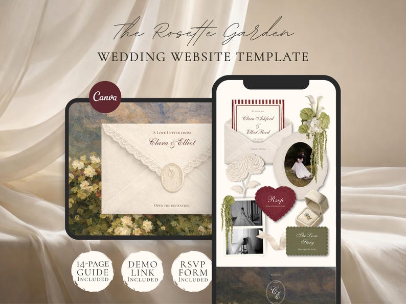 Wedding Website Template Canva Green & Burgundy Invitation with RSVP
