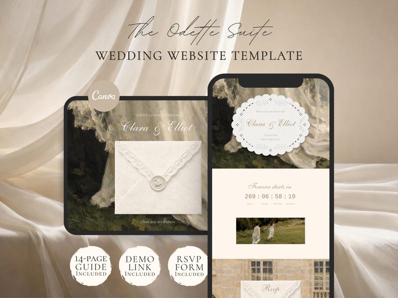 Luxury Romantic Wedding Website Template Canva Editable Save the Date Website Invitation with RSVP