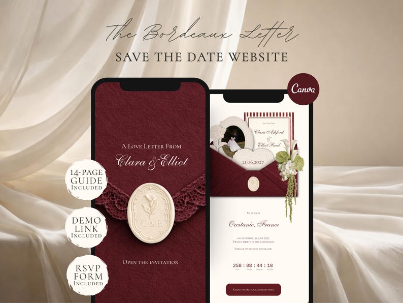 Burgundy Save the Date Website Template Wedding Invitation with RSVP