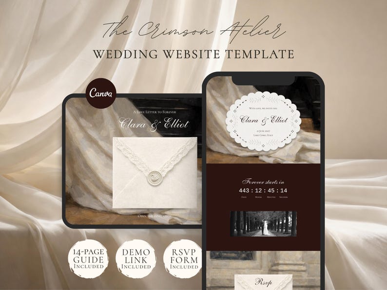 Wedding Website Template Canva Green & Burgundy Invitation with RSVP