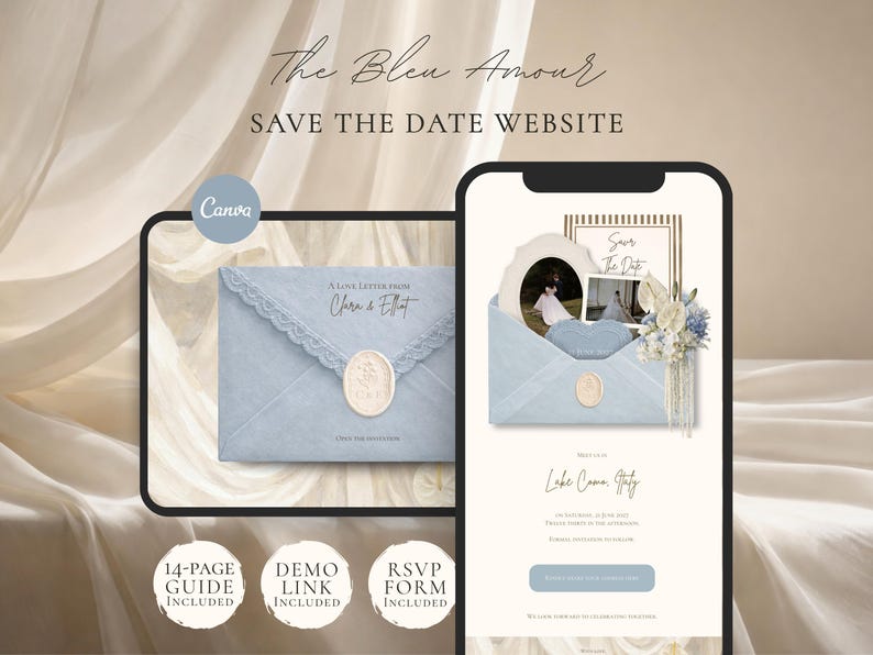 Save the Date Website Template Canva Dusty Blue Invitation with RSVP