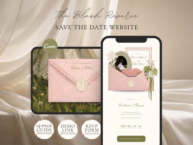 Save the Date Website Template  Blush & Sage Invitation with RSVP