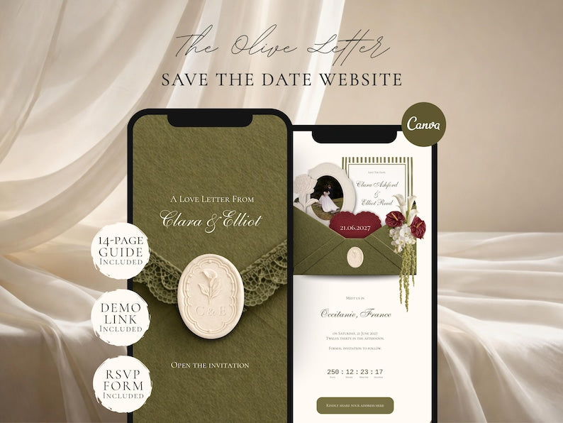 Olive Green Save the Date Website Template Wedding Invitation with RSVP
