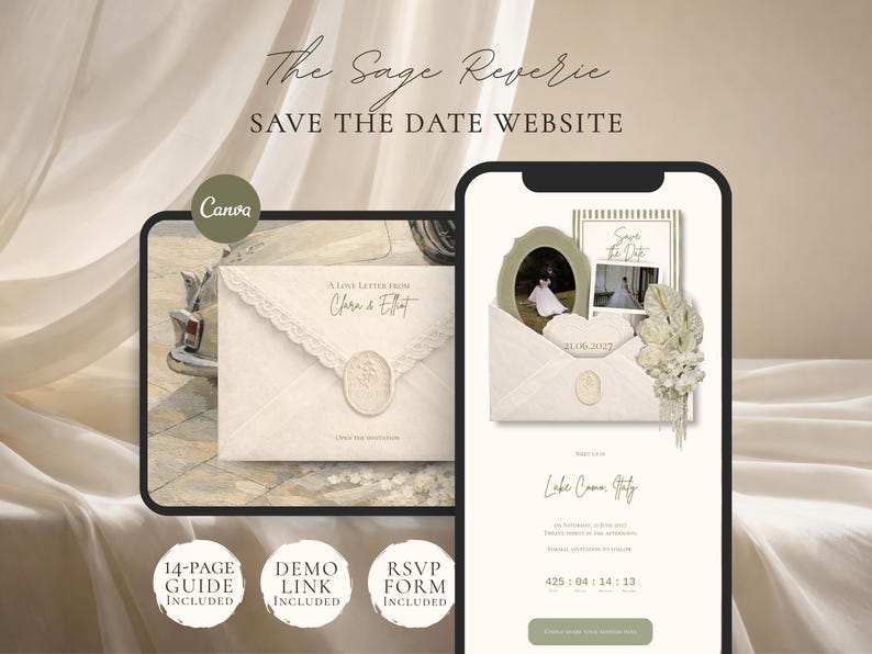 Save the Date Website Template  Sage & Ivory Invitation with RSVP