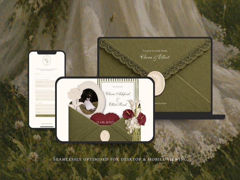 Olive Green Save the Date Website Template Wedding Invitation with RSVP