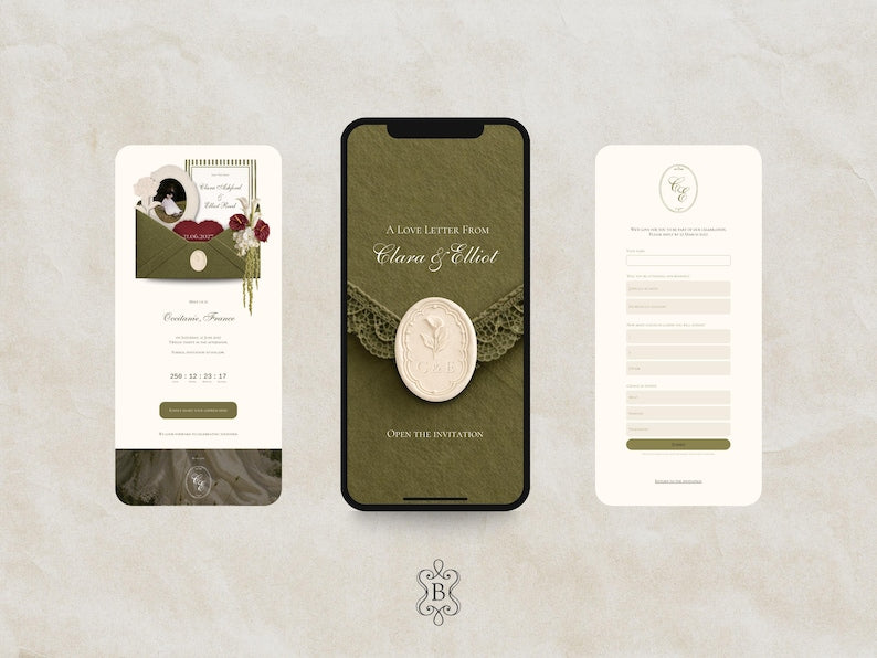 Olive Green Save the Date Website Template Wedding Invitation with RSVP
