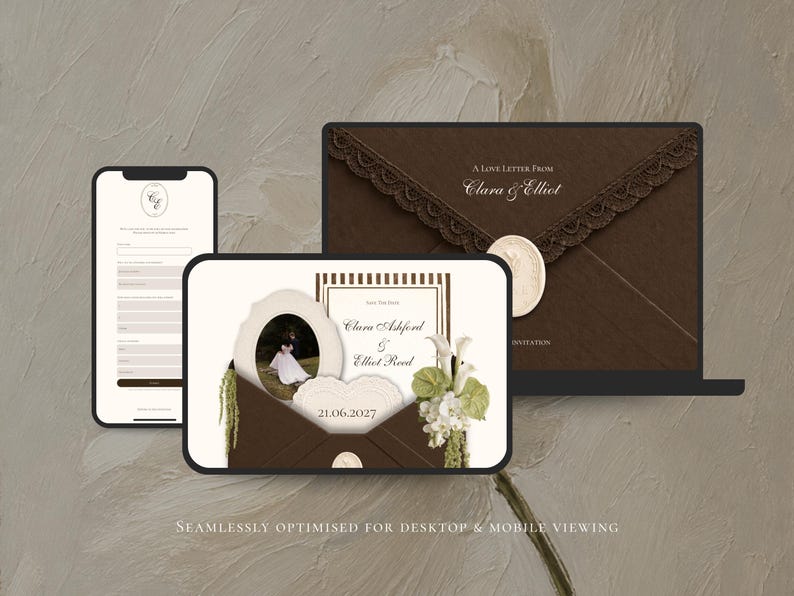 Brown and Ivory Save the Date Website Template Wedding Invitation with RSVP