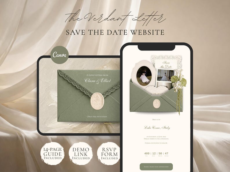 Save the Date Website Template  Sage & Lace Invitation with RSVP