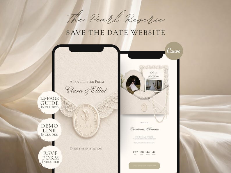 Pearl & Ivory Save the Date Website Template Wedding Invitation with RSVP